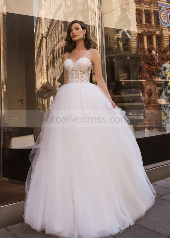 Beaded Spaghetti Straps Lace Tulle Wedding Dress